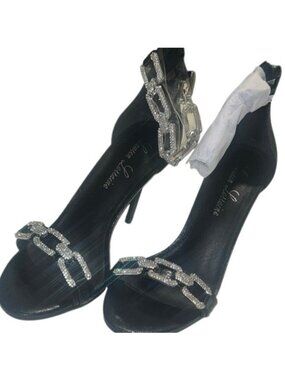 Lauren Lorraine Farla Black Rhinestone Chain Ankle Strap Heels Size 8 NWOB